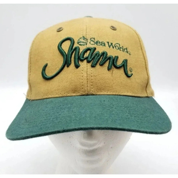Vintage Sea World - SHAMU - Script Tan / Green Strapback Hat Adult OSFA Clean! - Picture 2 of 7